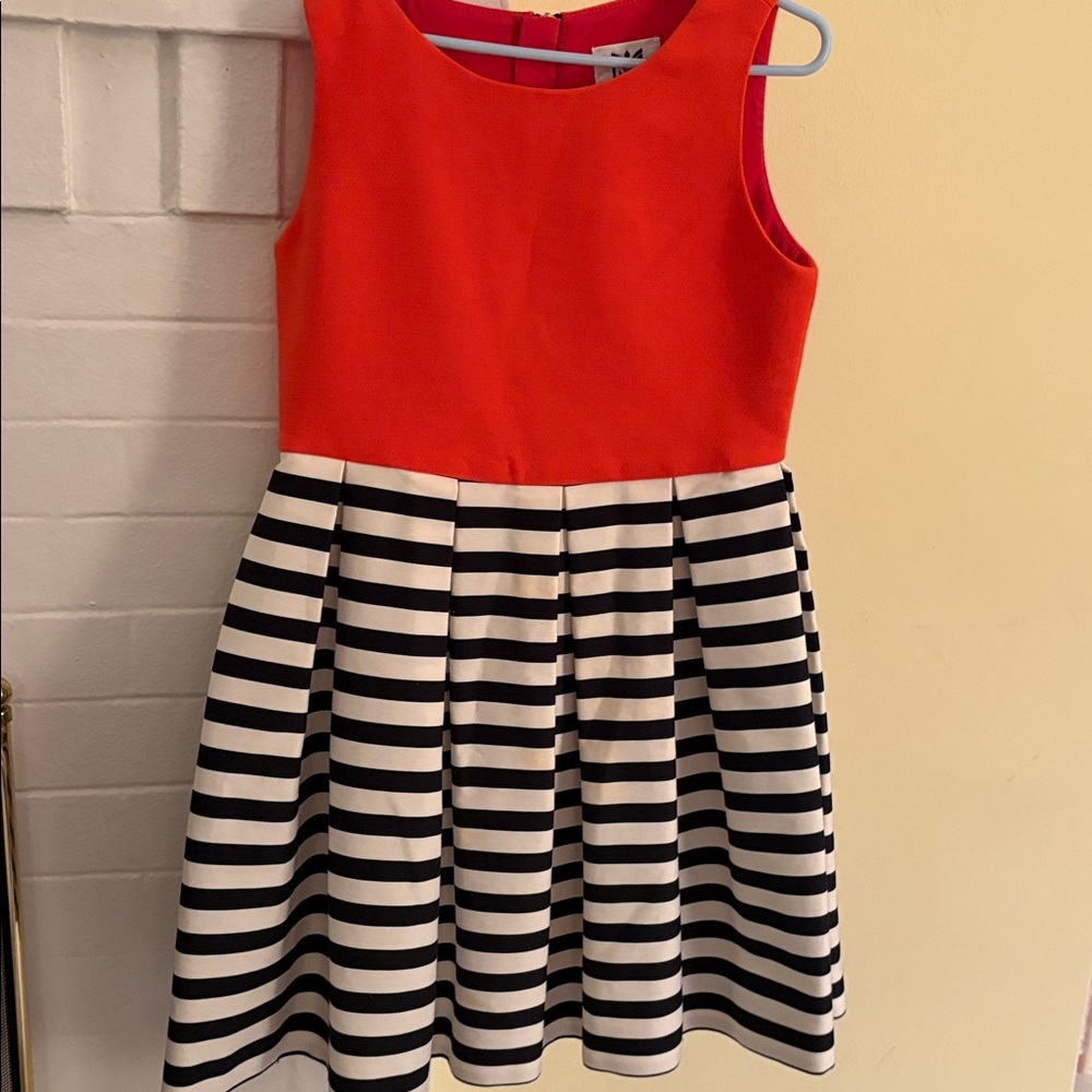 Milly Minis Stylish Orange and Black Striped Kids Dress